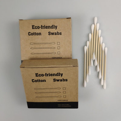 ECO Biodegradable Bamboo مقبض مزدوج رأس قطن مسحة في صندوق ورقي