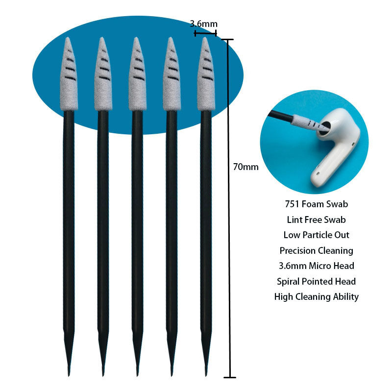 751 Lint Free Black Handle Spiral Pointed Car Cleaning Detailing Swab Foam Tip Cleanroom Swab لتنظيف سماعات الرأس